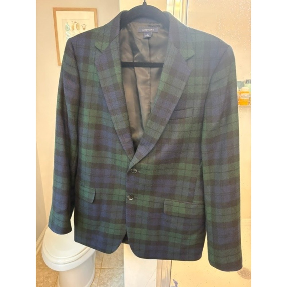 Land's End Women's Size 16 Black Watch Plaid 100% Wool Blazer Jacket Preppy